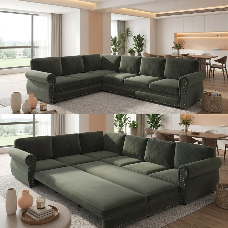 Canapé d'angle convertible classique en forme de L de 118 pouces avec lit gigogne et revêtement en chenille