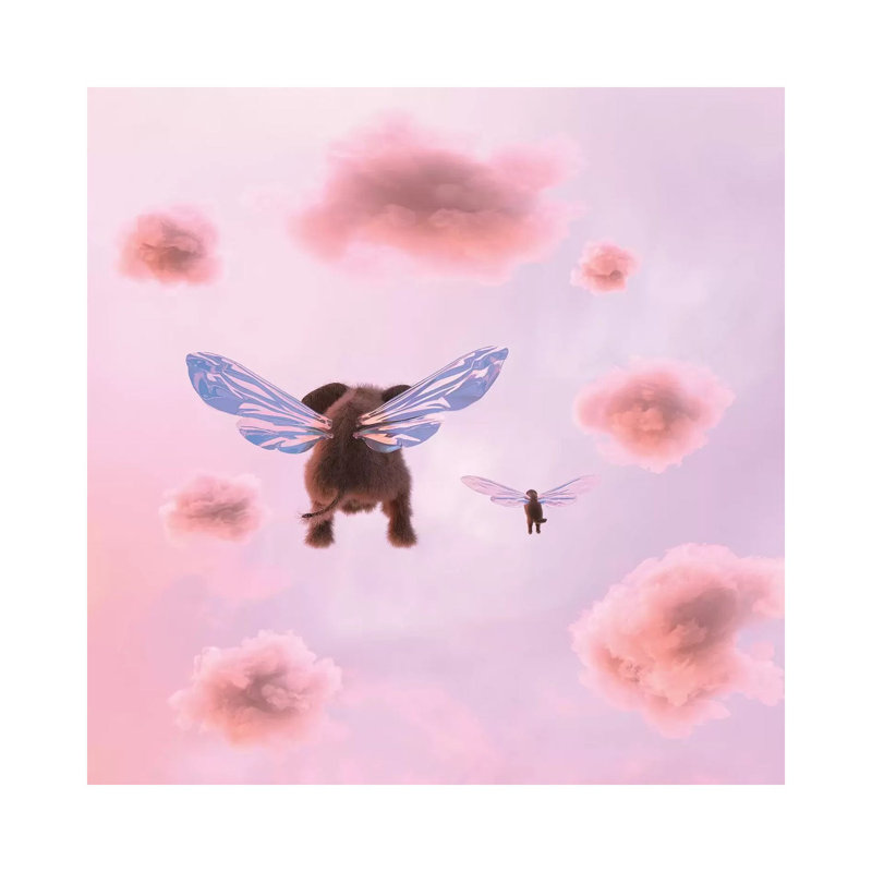 «Elephant and Dog Are Flying in the Clouds» par Mike Kyiv - reproduction d'art, H 26 po x l 26 po x P 1,5 po, Toile tendue