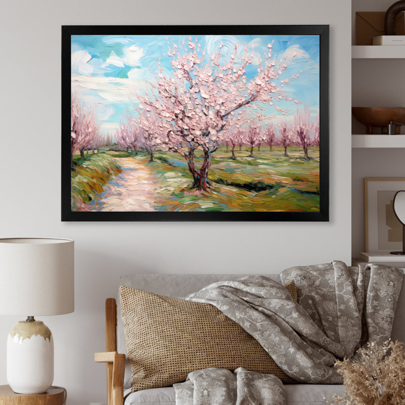 «Vangogh Blooming Cherry Trees» encadré sur toile par Vincent Van Gogh, peinture, H 12 po x l 20 po, Noir