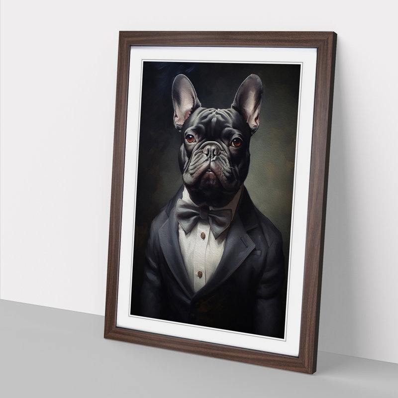 French Bulldog In A Suit No.2 - Single Picture Frame Print on Wood, Walnut Framed, 64cm H x 46cm W