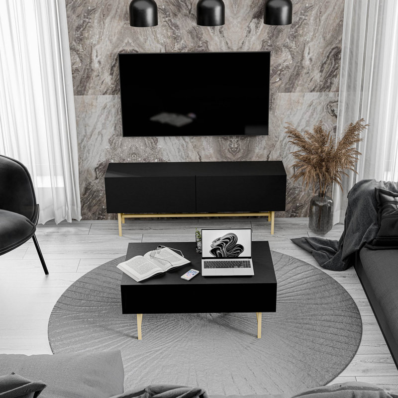 Ensemble de meubles de salon moderne, finition noire | Meuble télé (54,3 x 19,7 x 11,6 pouces) et table basse (35,4 x 21,3 x 15,6 pouces) | Panneau de particules 100% mélaminé, fixation murale, tablettes multiples pour le rangement et la présentation
