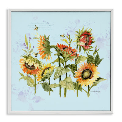Tournesols et abeilles sur giclée encadrée bleue, design par Susan Winget