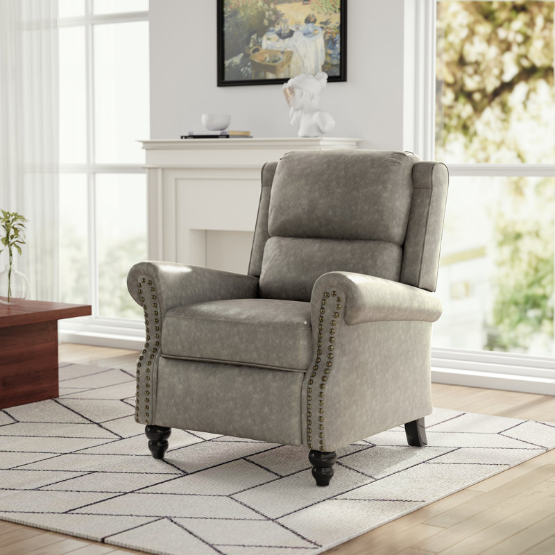 Ameiah Upholstered Faux Leather Manual Push Back Recliner Chair with Wingback, Grey
