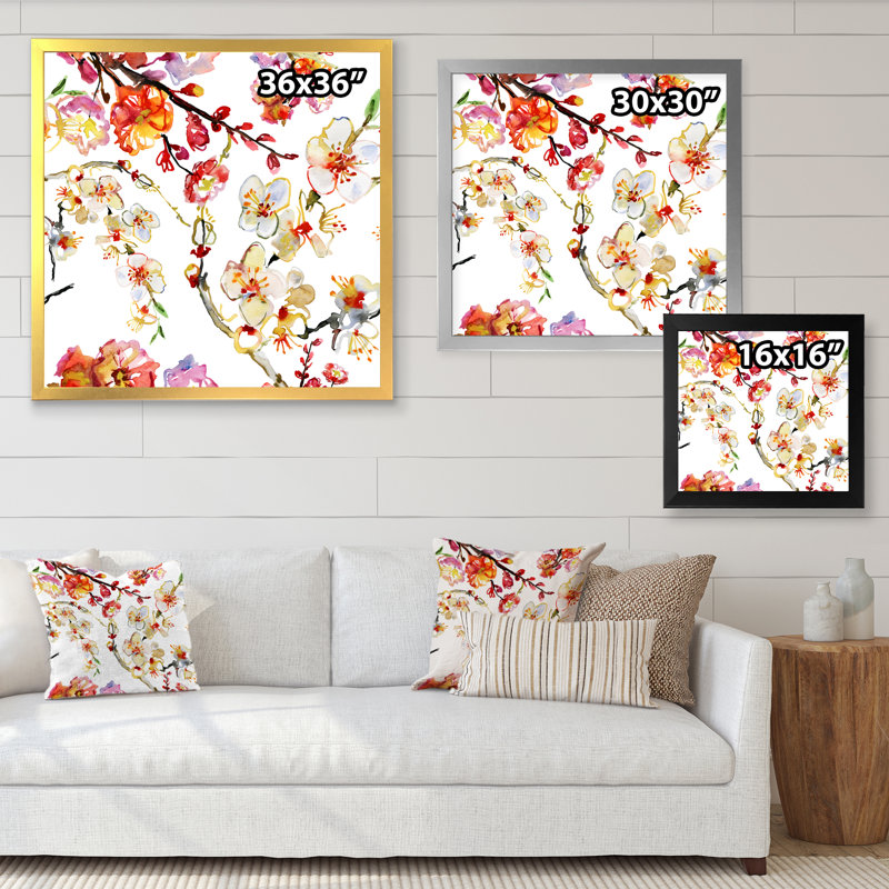 Sakura fleurs en rouge et jaune - reproduction d'art sur toile traditionnelle, H 36 po x l 36 po x P 1 po, Cadre photo blanc