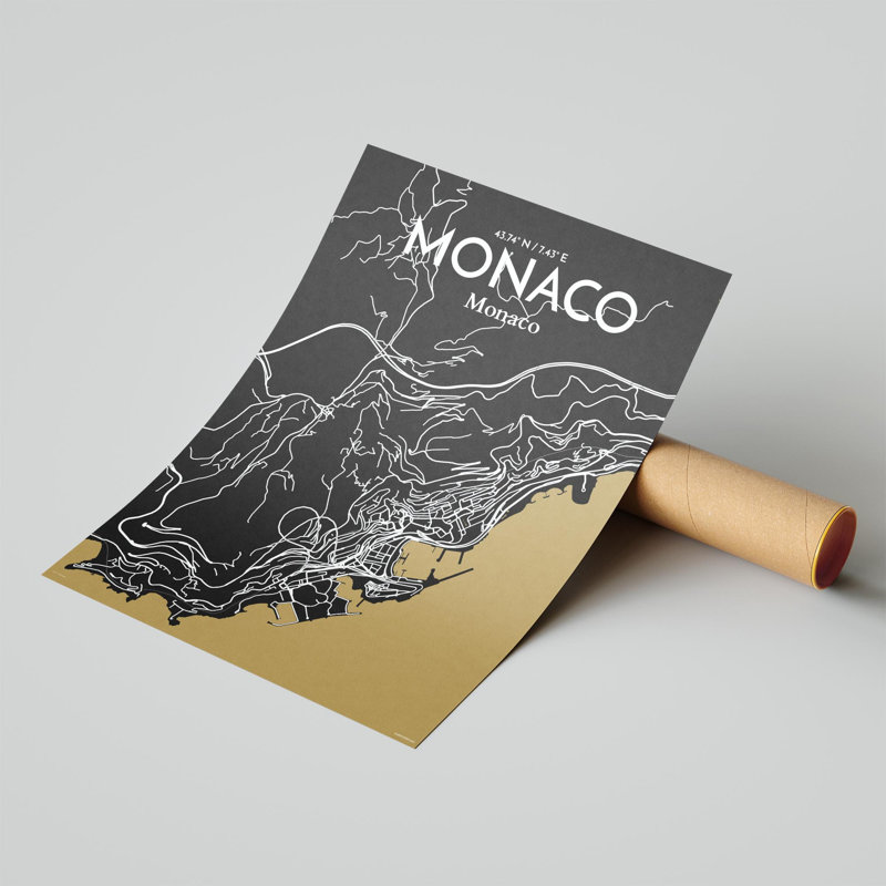 Monaco City Map, impression, Noir / or, H 24 po x l 18 po