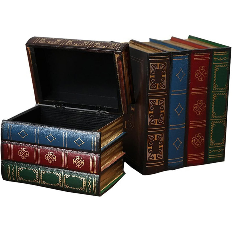 2 Pack Decorative Book Boxes Wooden Antique Book Decorations Vintage Book Storage Box