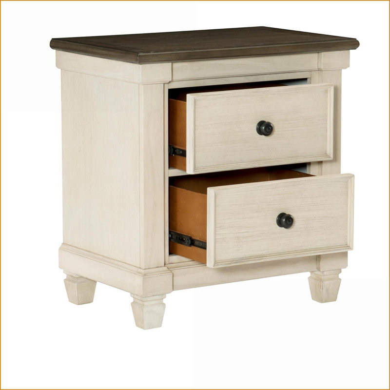 Table de chevet transitionnelle rustique à 2 tiroirs Antique & amp; Placage de chêne rosé, Beige