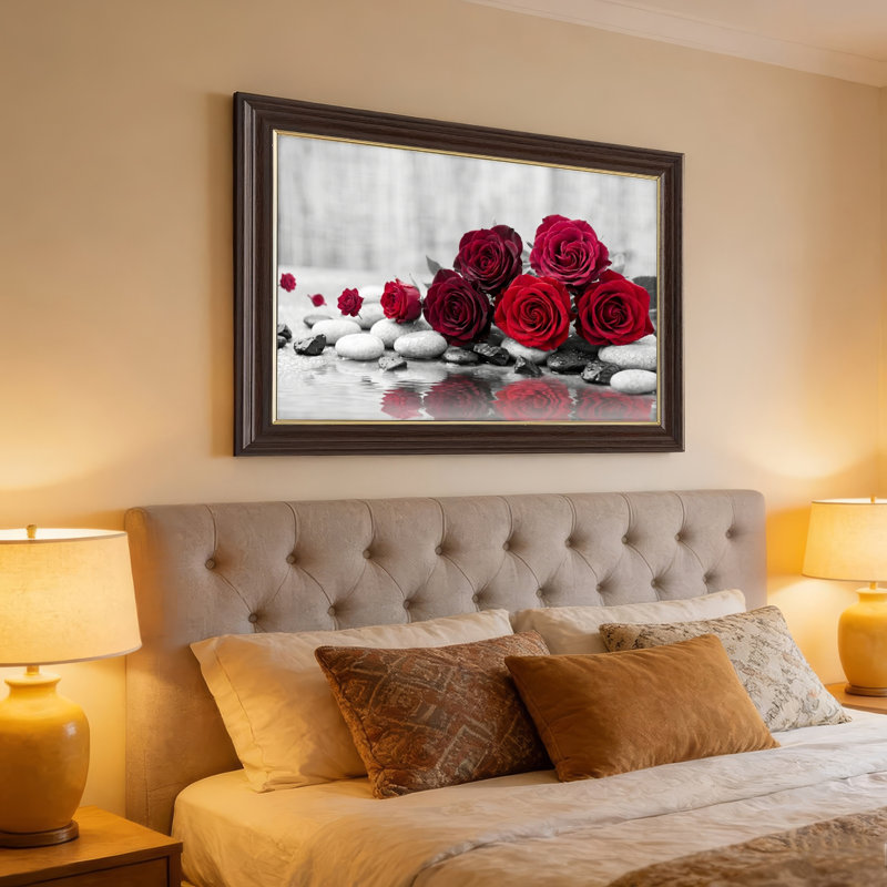 Art mural antique sur toile encadré doré pour le salon, la chambre à coucher, le bureau ou le vestibule - Décoration murale décorative avec roses rouges