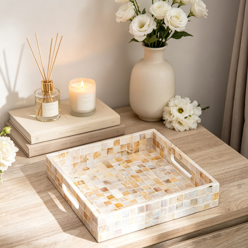 Handmade Mother Of Pearl Catchall Tray - 10 Inch Square Decorative Serving Tray With Handles For Coffee Table, Entryway, And Nightstand
