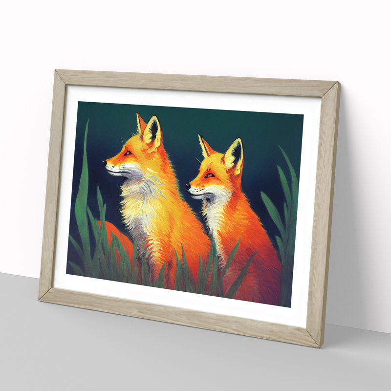 Fine Foxes - Single Picture Frame Painting, 25cm H x 34cm W x 2cm D, Oak