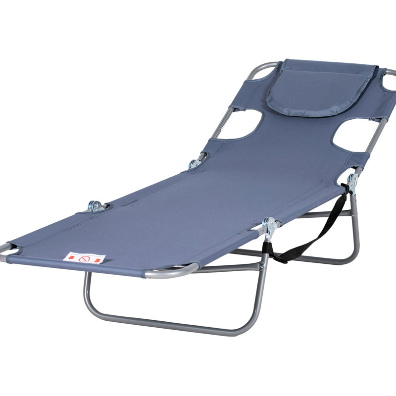 Chaise longue grise pour patio avec 5 positions d'inclinaison, trou pour le visage, fentes pour accoudoirs et coussin
