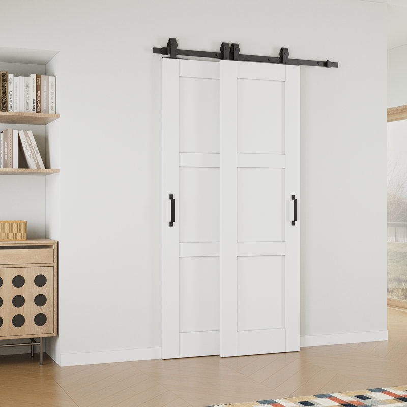 Portes doubles de grange coulissantes 28 po x 80 po à 3 panneaux blancs avec ensemble de quincaillerie, 28 po x 80 po