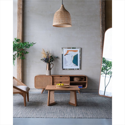 Table basse carrée pour le salon en brun et bois naturel classique, teck et rotin, 27,6 pouces