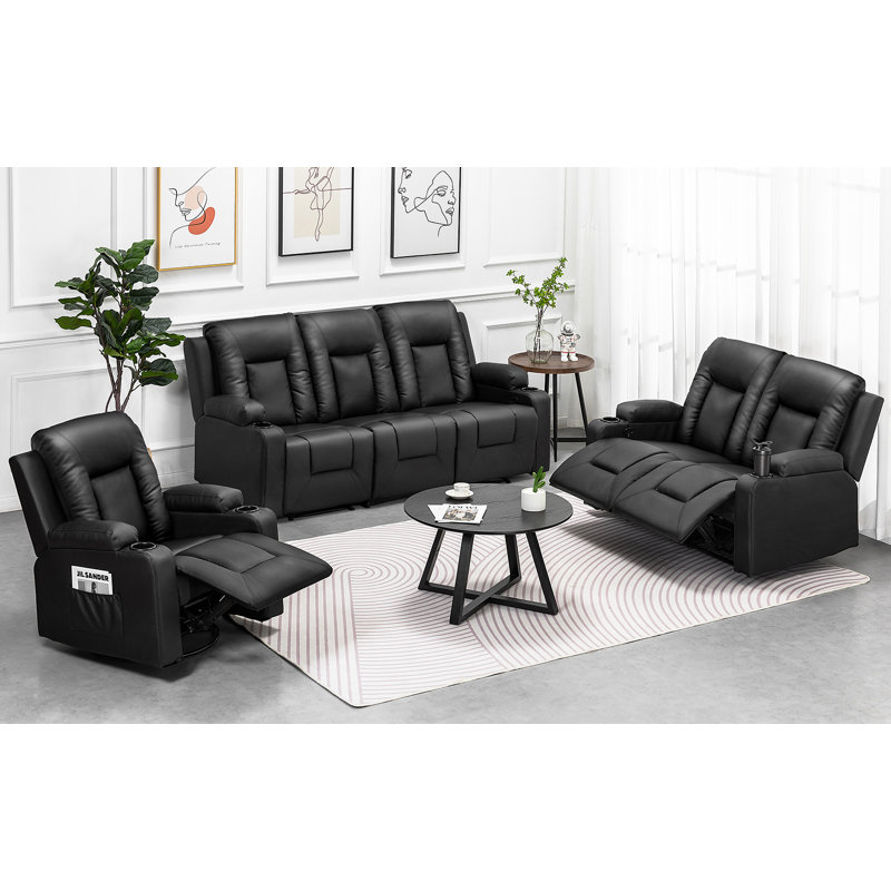 Recliner Sofa Set, Manual Reclining Chair Loveseats with Cup Holders, Chanah Bonded Leather Recliner Sofa Home Theater Seating Suitable for Living Room Furniture