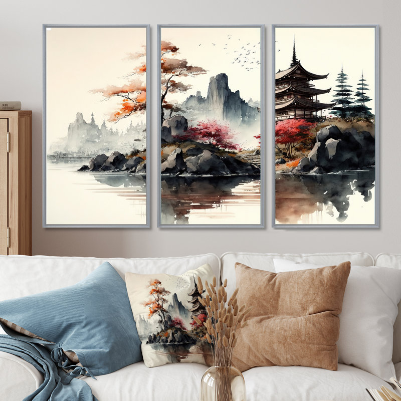 Aquarelle, paysage japonais I - ensemble d'art mural moderne sur toile, H 40 po x l 60 po, Cadre flottant brun