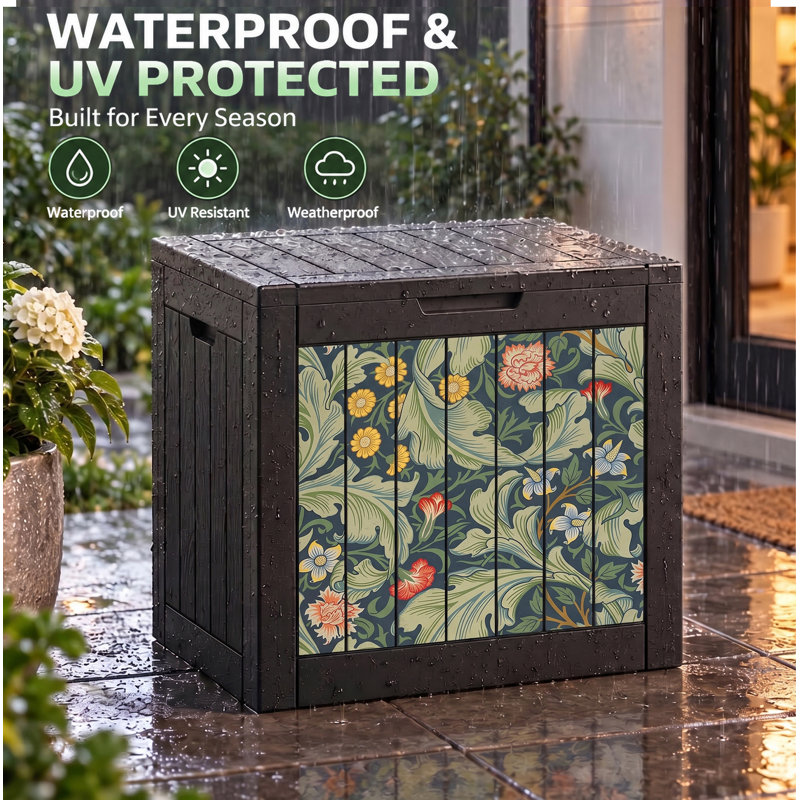 Coffre de terrasse verrouillable et résistant aux intempéries de 40 gallons avec siège, élégant coffre de rangement extérieur inspiré de la botanique.