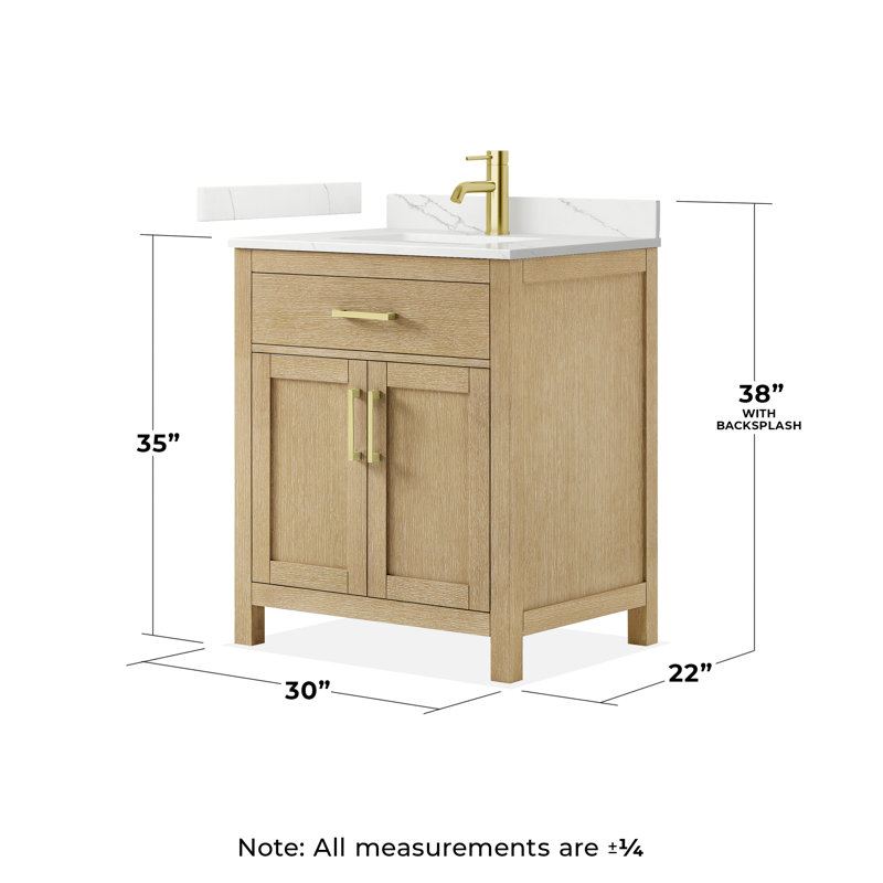 30 in. Single Vanity, Whitewashed Oak, Brushed Gold, Giotto Quartz