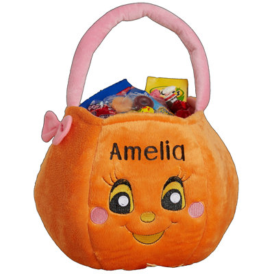 Seau en peluche brodé citrouille en polyester