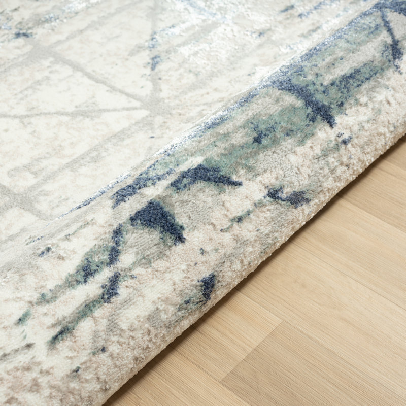 Performance Modern Industrial Gray/Ivory/Blue Geometric Abstract Rug, Rectangle 2'2" x 3'
