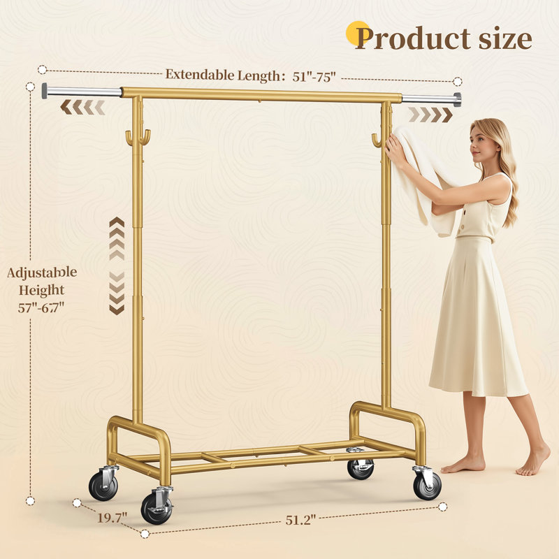 Portant à vêtements robuste avec roulettes, Doré