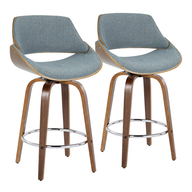 Tabouret de bar et de comptoir Palmona à hauteur fixe avec pieds en bois courbé et repose-pieds rond (ensemble de 2), gris