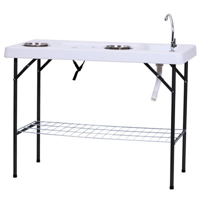 Outsunny Folding Fish Cleaning Table with Sink, Portable Camping Table with Faucet Drainage Hose, Grid Rack and Fish Cleaning Kit for Picnic, Fishing, 50"