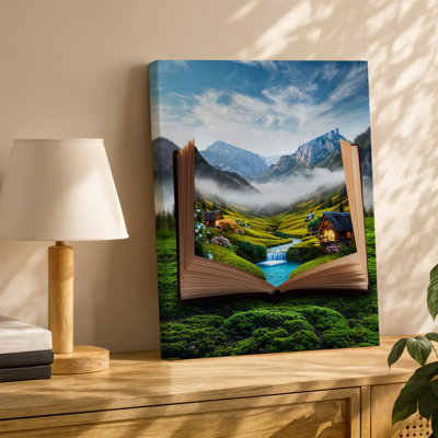 Reproduction d'art sur toile, "Une scène fantastique" encadrée par les pages ouvertes d'un grand livre antique mettant en valeur un paysage vibrant