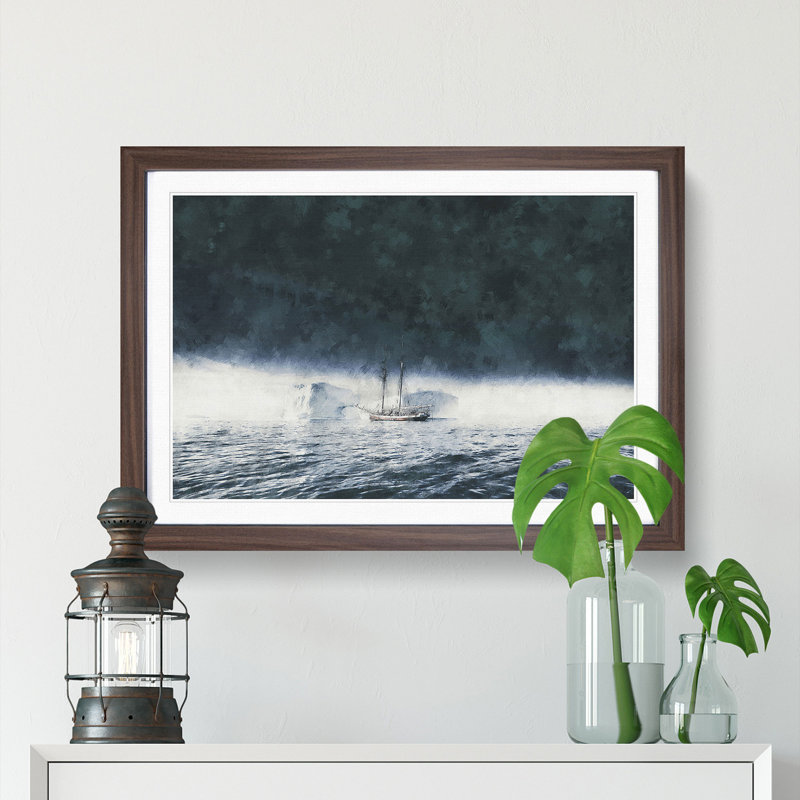 Boat In The Arctic Painting - Single Picture Frame Print on MDF, Walnut, 24cm H x 33cm W x 2cm D