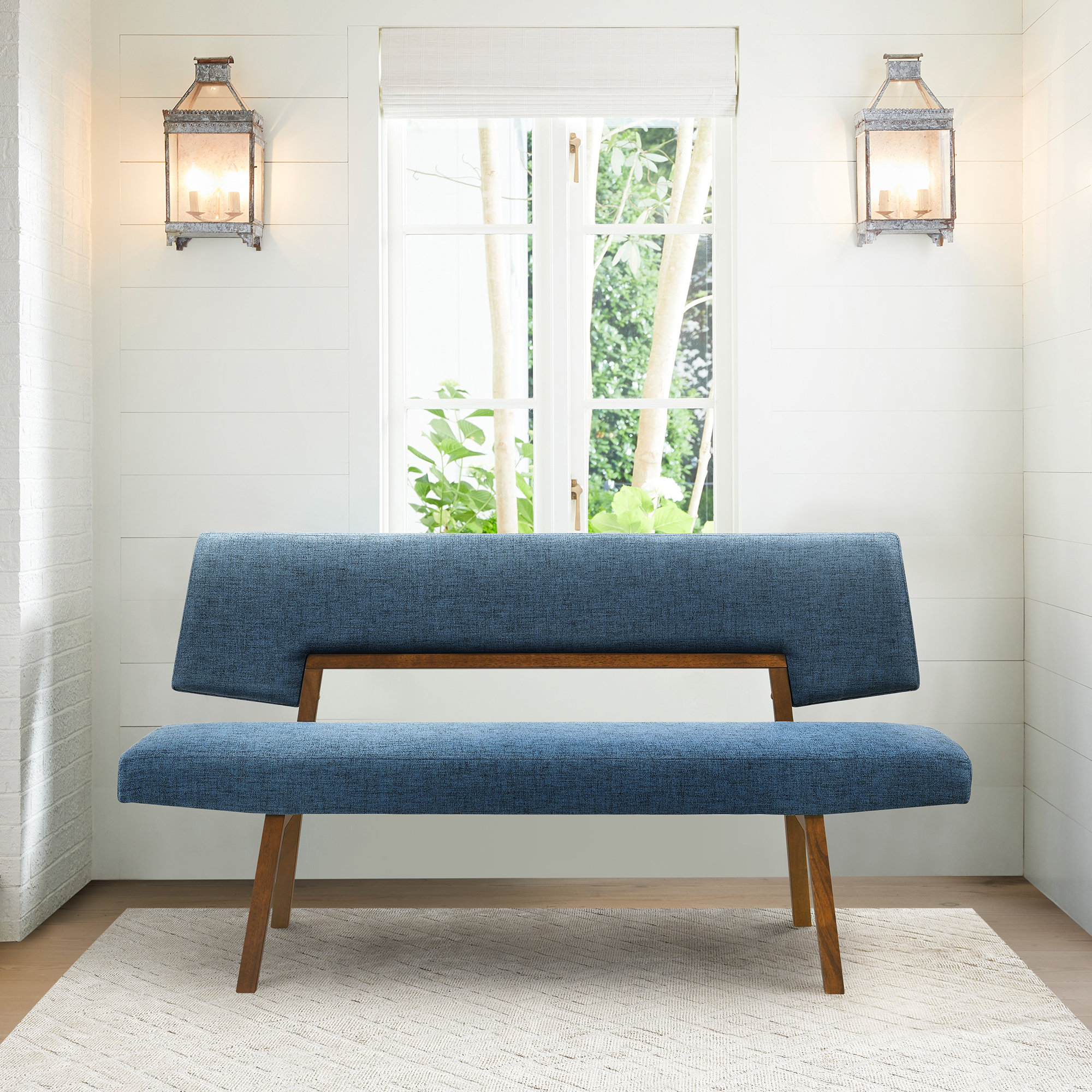 Upholstered dining bench with backrest discount