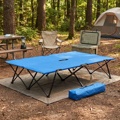 50" Two Person Folding Camping Cot with Carrying Bag, Outdoor Portable Sleeping Cot, Blue