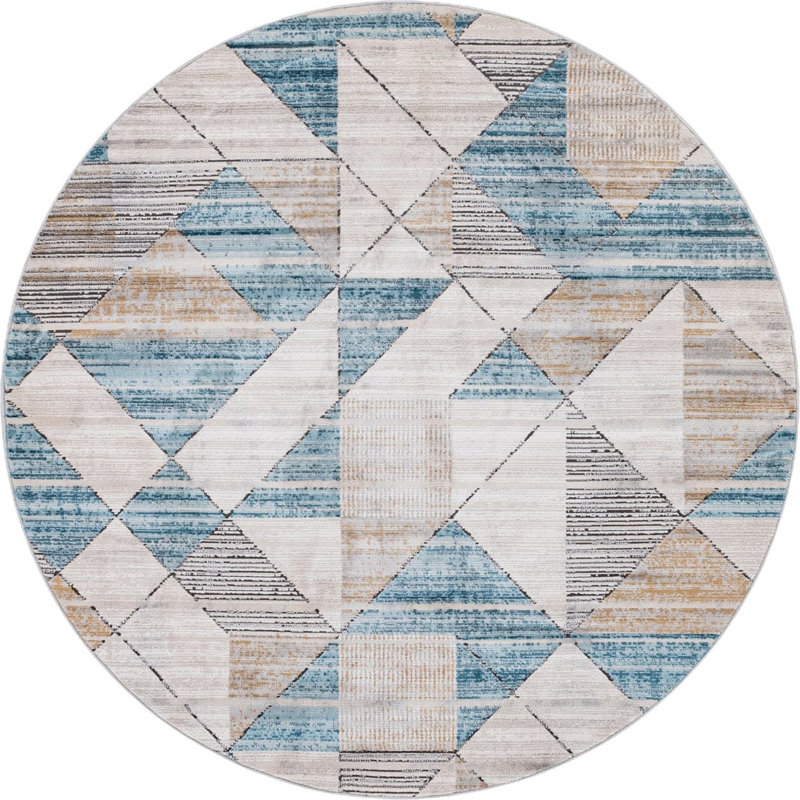  Tapis géométrique beige / bleu, Rond 7 pi 1 po