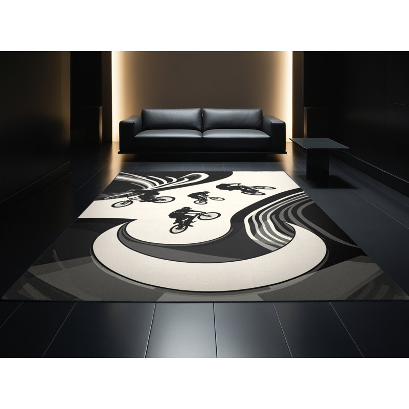 Machine Washable Hubbard Bmx Park Stunt Bold & Eclectic Modern Arc Rug in Beige – Black Binding, 4x6