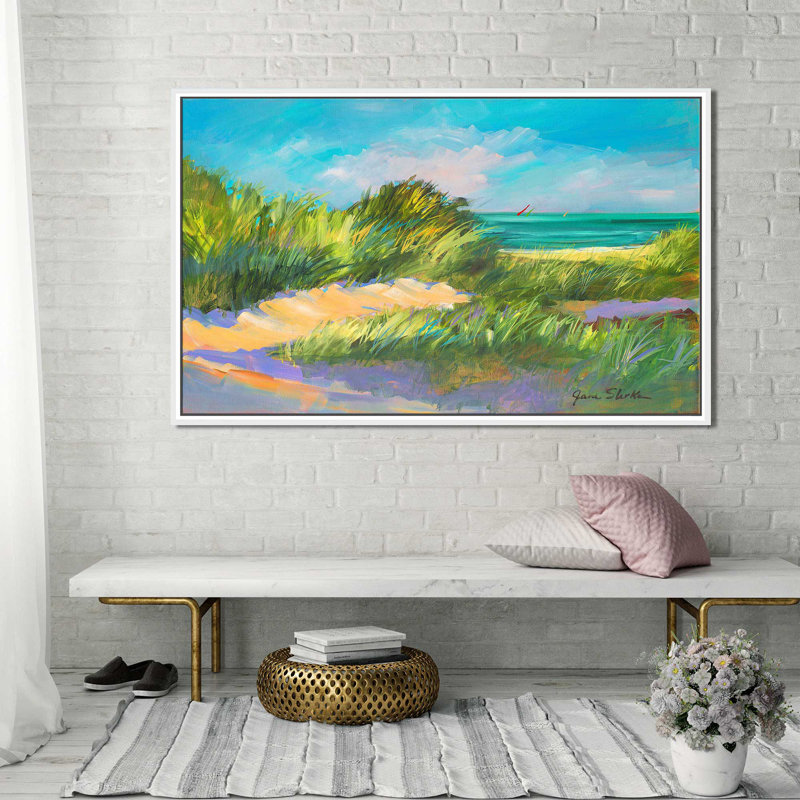 «Blue Grass Breeze II» par - Peinture, H 39,5 po x l 63,5 po x P 2 po, Cadre flottant blanc