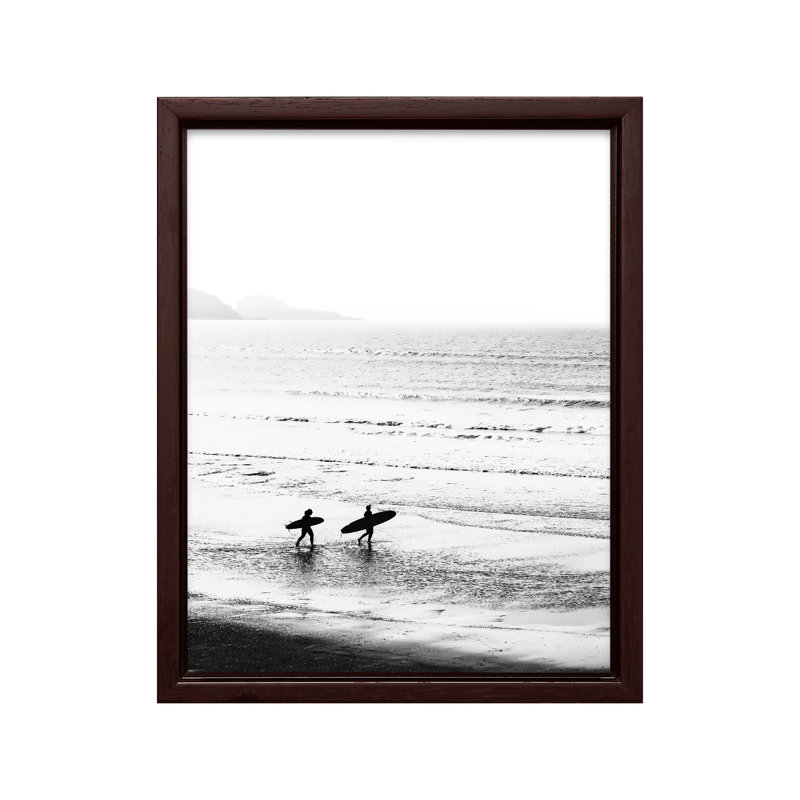 Surfers on the Beach, Canvas, Brown Framed, 11"H x 14"W