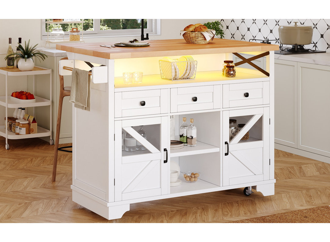 White Kitchen Island Cart on Wheels with App LED, Drop-Leaf Table, 3 Drawers & 2 Doors, Multifunctional Bar Sideboard