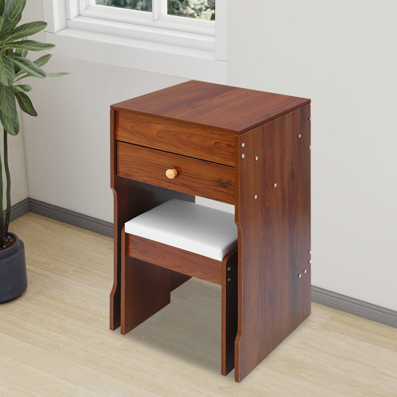 Table de coiffeuse avec miroir et tabouret, Brun