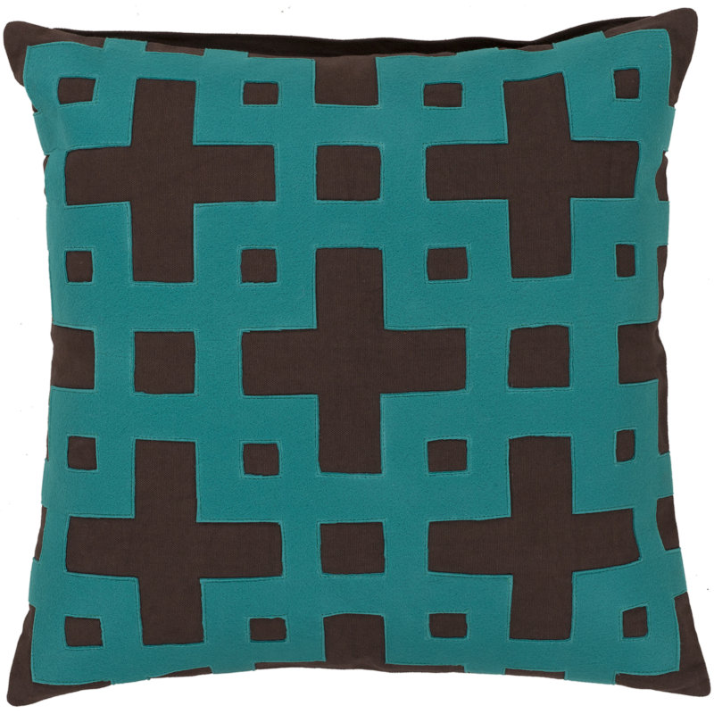  Cotton Geometric Throw Pillow, Polyester, Coffee Bean / Dark Turquoise, 18" x 18"