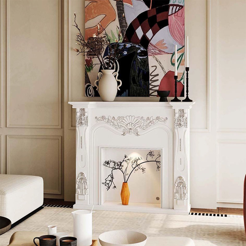 White Solid Wood Electric Fireplace