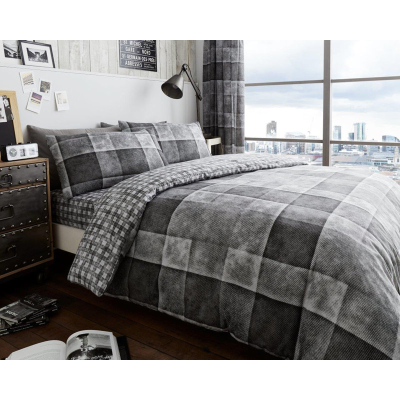 Modern Check Pattern Polycotton Duvet Cover and Pillowcase Set - Machine Washable, Grey, Double