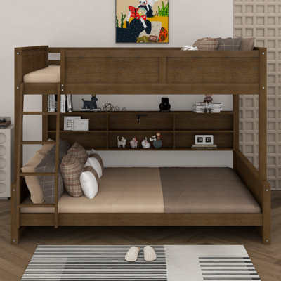 Modern Bunk Bed With Built-In Storage Cabinets And USB Ports, Solid Wood Bunk Bed Frame With Ladder