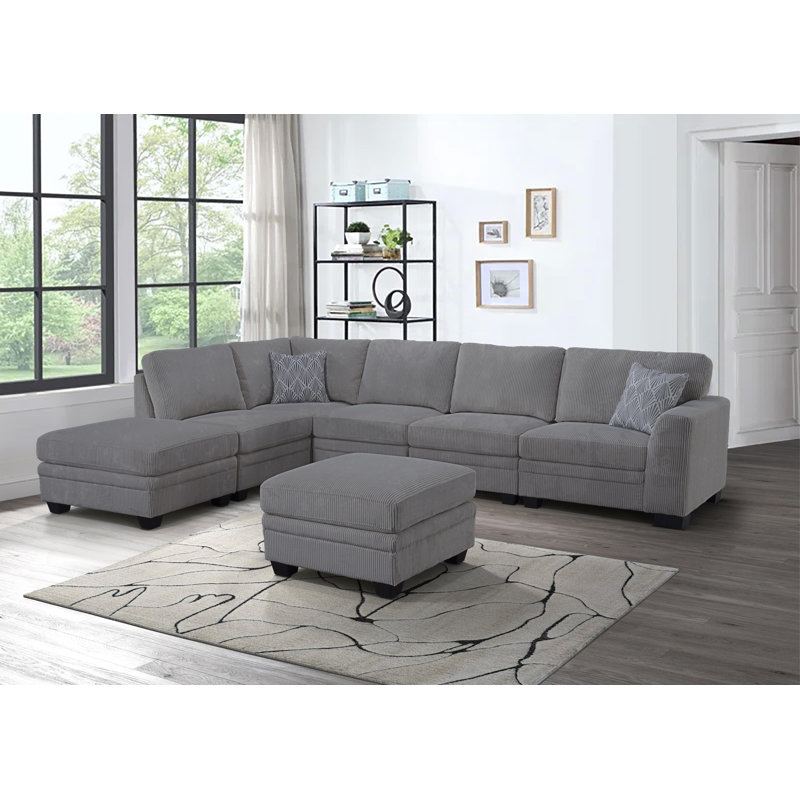 Canapé modulaire en L Compression Herzen, Velours côtelé gris, Accoudoir à droite (vu de face)