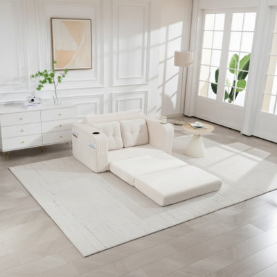 Convertible Sofa Bed with Fold-Out Floor Couch Design, Corduroy Upholstery, Foam Support, Pillows, Side Pockets, and Cup Holders