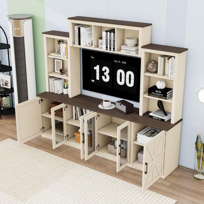 Modern Entertainment Center with Ample Storage, Built-In Charging Stations and Cable Management, Beige/Walnut