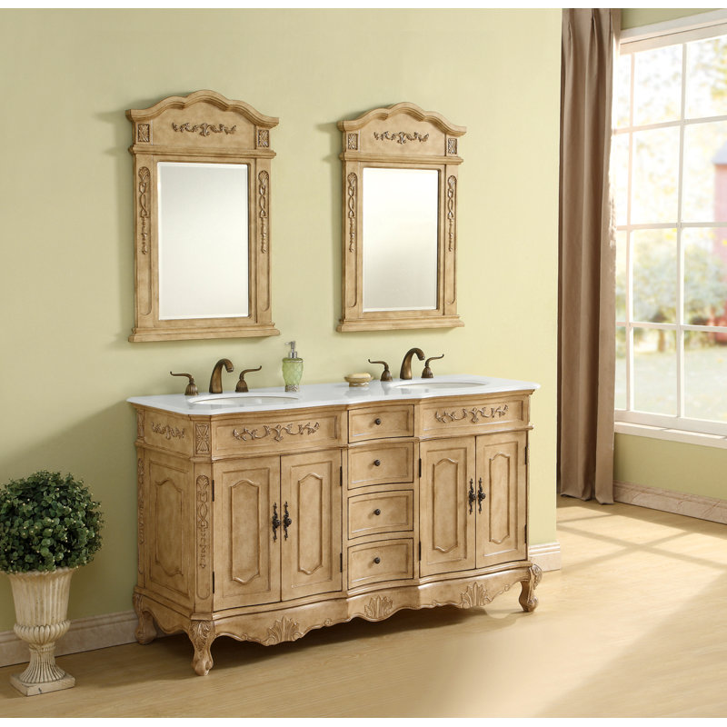 Ensemble de meuble-lavabo double 60 po Lunette, Beige antique, Blanc ivoire