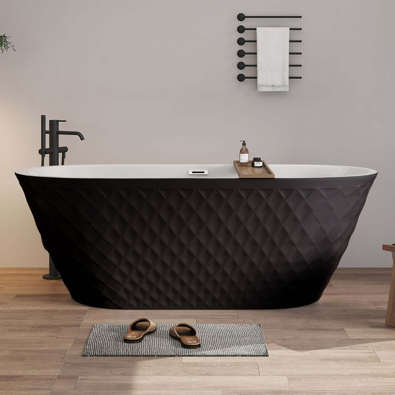 Baignoire autoportante ovale en acrylique de 67 po avec motif à losanges unique, trop-plein en nickel brossé et bonde escamotable, certificat Cupc