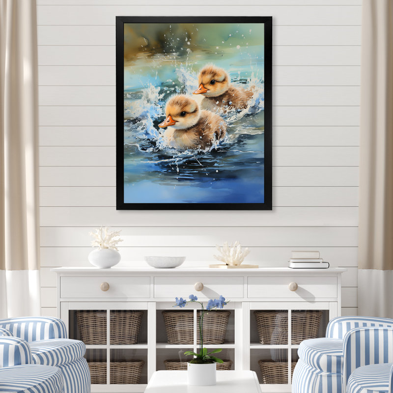 «Playful Paddler Ducklings» - Art mural animal canard, Cadre simple noir, H 32 po x l 16 po x P 1 po