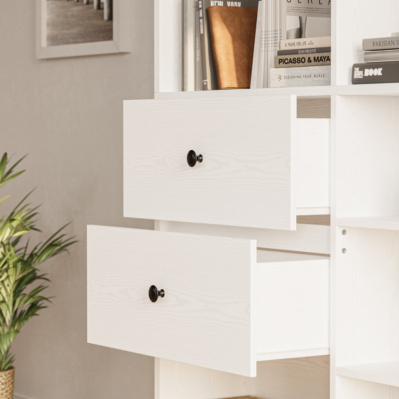 79" H X 55" W 8 Cubby Display Book Shelves With Pegboard And Deep Drawer, White