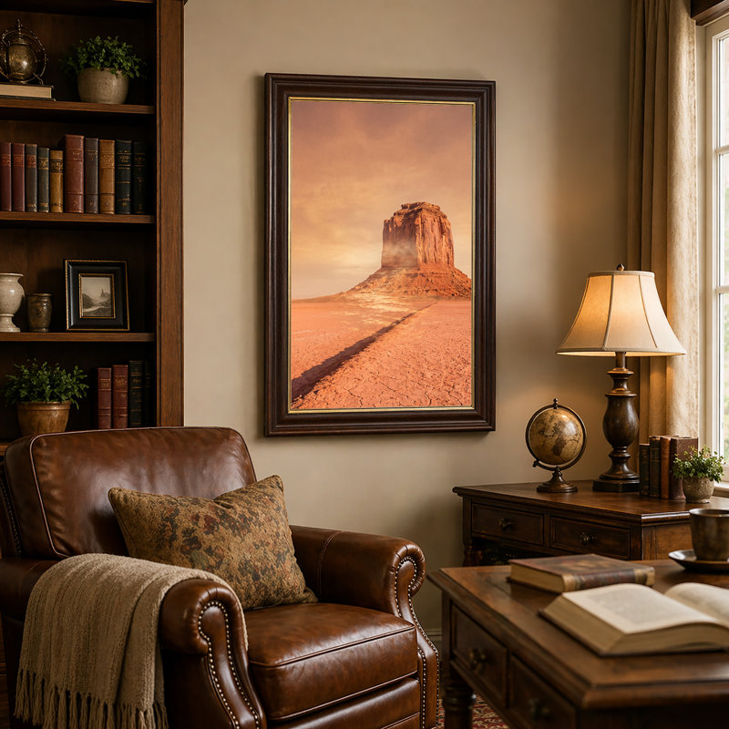 «Red Rock Butte Rising in Hazy Orange Desert Sky», art mural sur toile, 18"H x 12"W