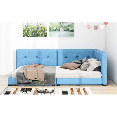 Lit tapissier grand, bleu avec - lit de longue durée, facile à assembler
