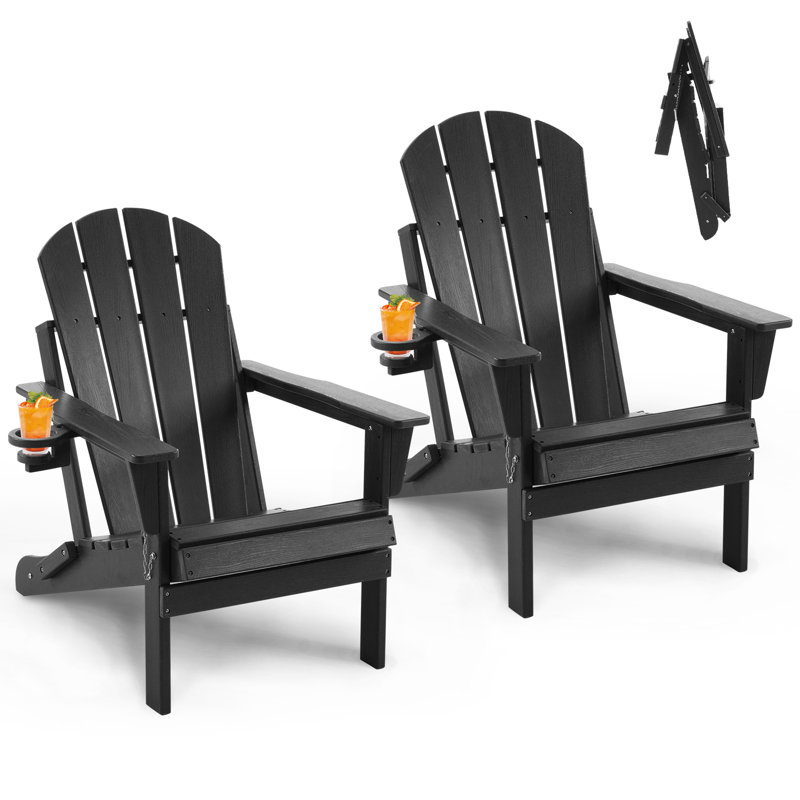 Outdoor HDPE Folding Adirondack Chair , Weather-Resistant Wood-Grain Lounge Chair, Black
